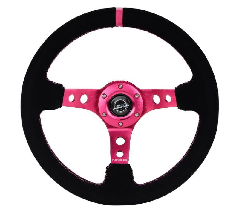 NRG black suede reinforced steering wheel with 350mm diameter, fuchsia stitching and center mark, designed for racing and sports cars.