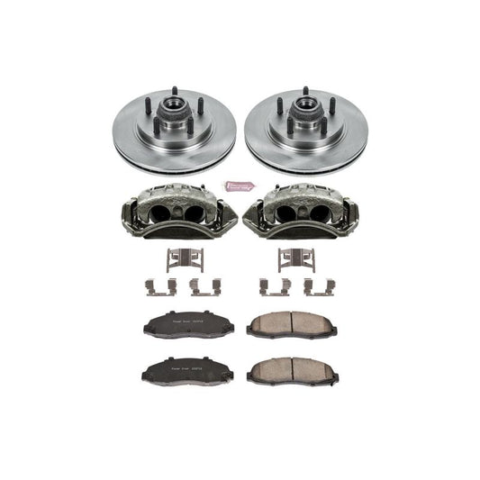 PowerStop OE brake rotors for 2003 Ford F-150 front Autospecialty kit with calipers, showing clean, new brake rotors installed.