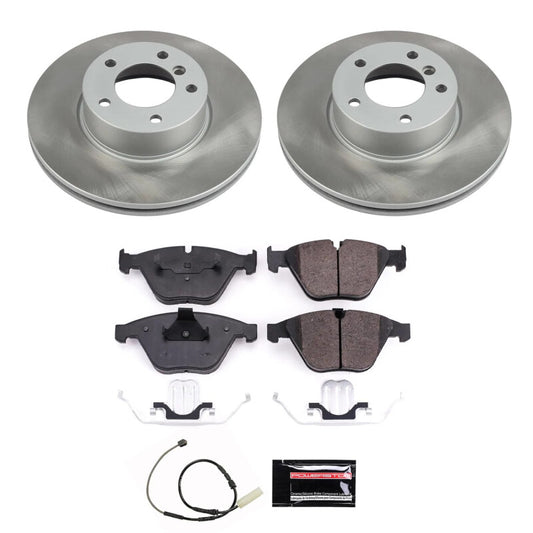 PowerStop front semi-coated brake rotor kit for BMW 328i (2011-2013) with performance blank rotors and mounting hardware.
