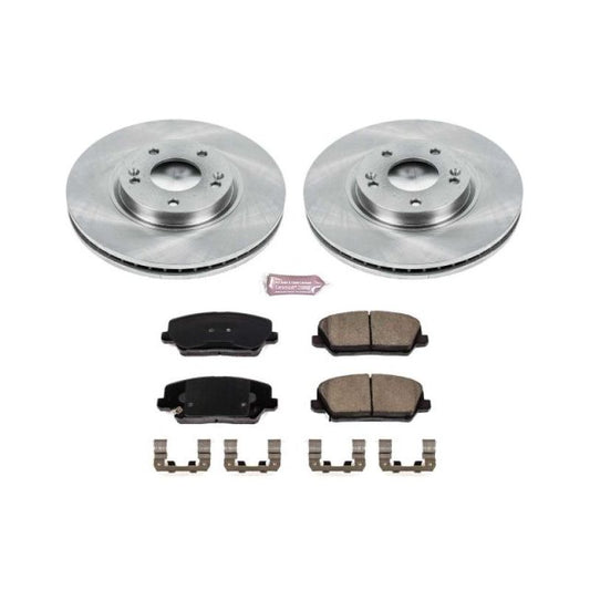 PowerStop OE brake kit for 2016-2017 Hyundai Veloster front brakes with rotors and calipers installed.