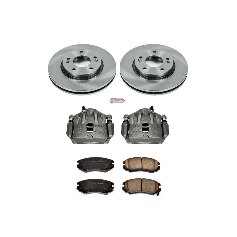 PowerStop Hyundai Elantra front OE brake kit with calipers, including brake rotors and pads for reliable stopping performance.