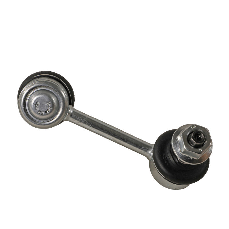Moog rear left sway bar endlink for Kia Optima 2016-2019, close-up of black metal sway bar link with mounting hardware.