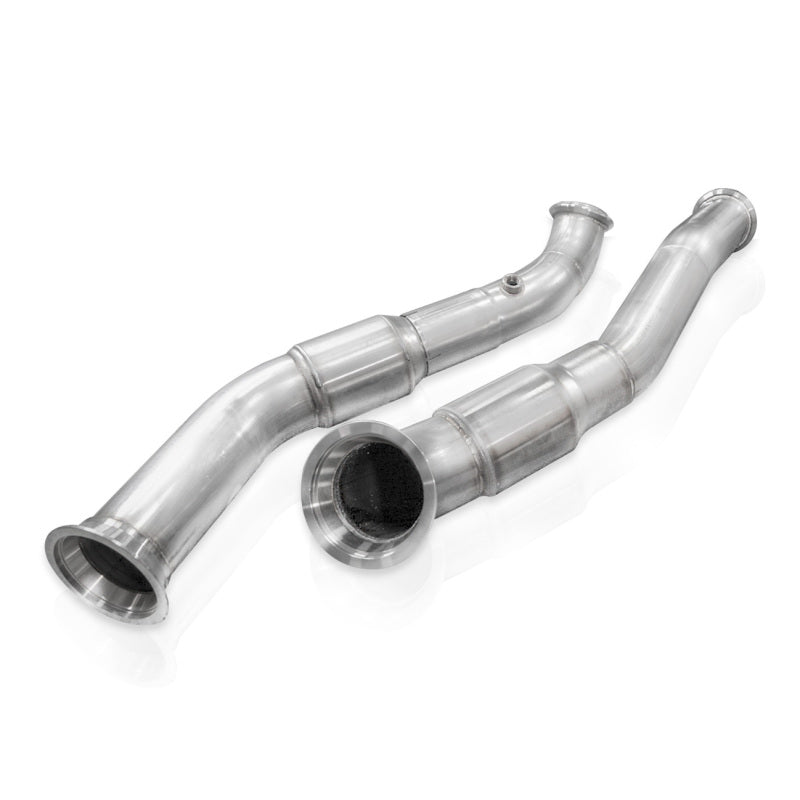 Stainless Works high output downpipe with high flow cats for 2025+ RAM 1500 3.0L Limited and Tungsten models, showing the polished pipe and cats.