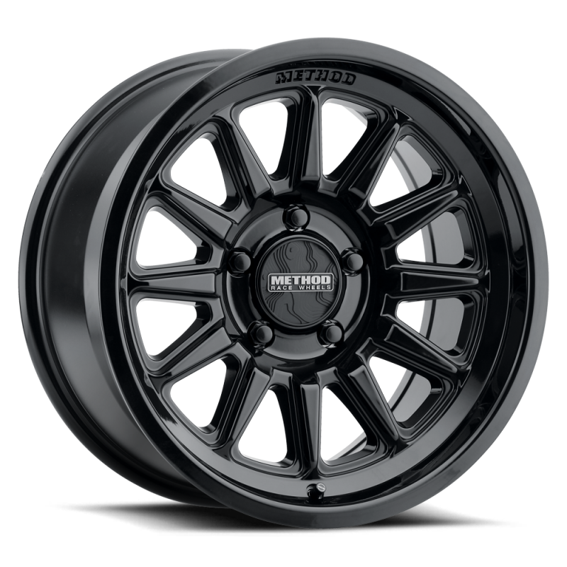 Method MR323 cast wheel in gloss black, 17x8.5 inches, 8x6.5 bolt pattern, 0ET offset, 4.72in backspacing, 130.81mm CB.