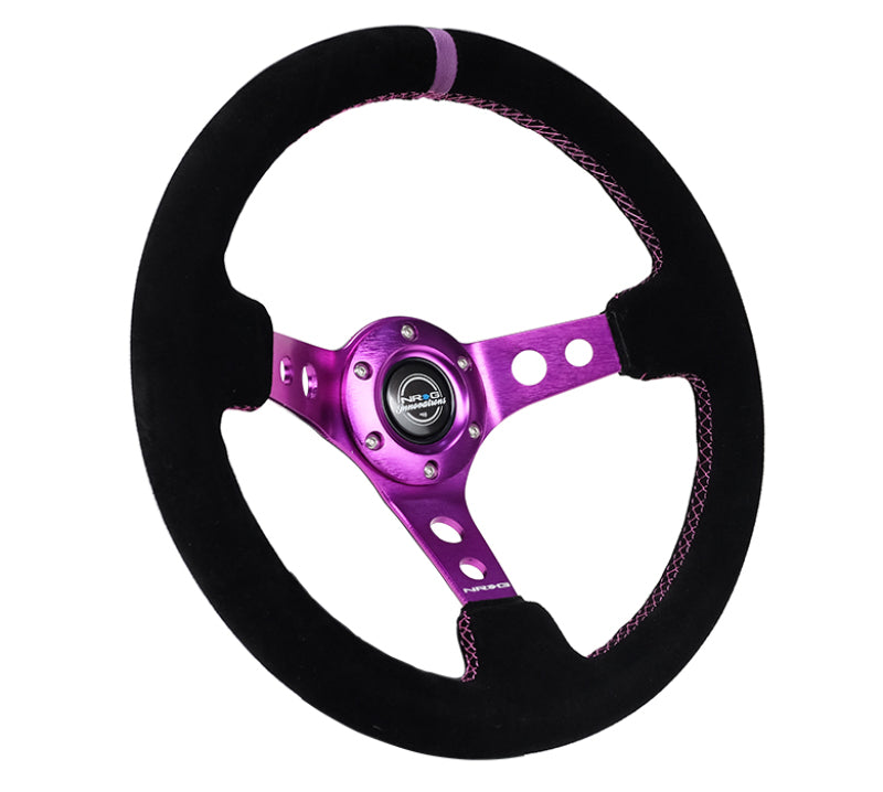 NRG reinforced black suede steering wheel with 350mm diameter, 3-inch depth, purple center, and purple stitching.