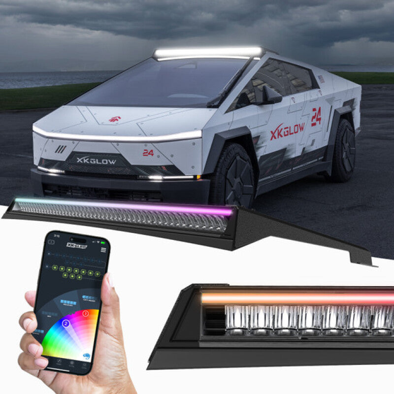 XKGLOW Tesla Cybertruck 50-inch roof LED off-road light bar with RGBW chasing DRL and app control, mounted on vehicle roof.