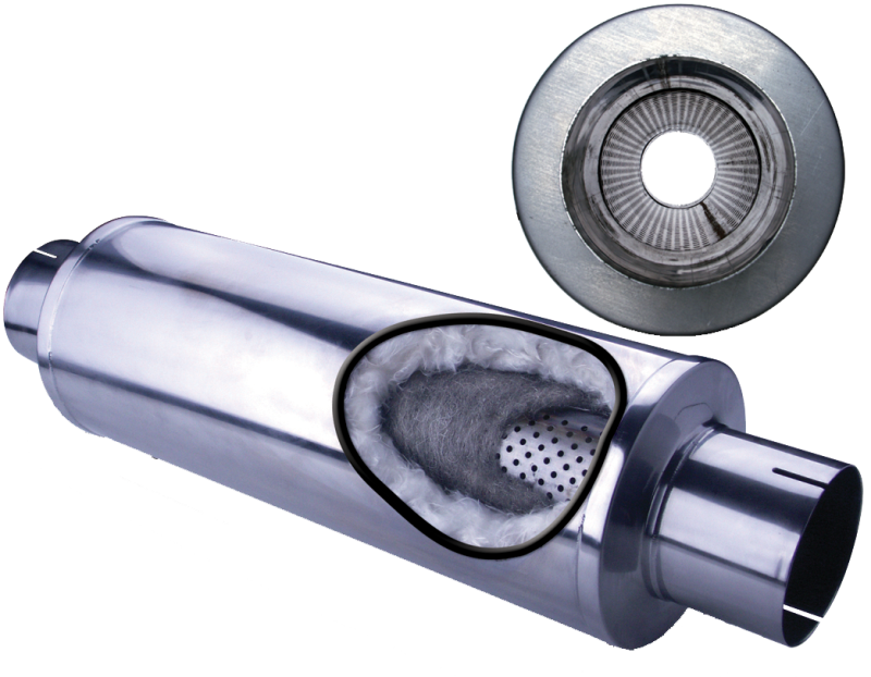 Diamond Eye Performance exhaust muffler with 5-inch inlet, 7-inch diameter, 24-inch body, and slotted ends in polished stainless steel.