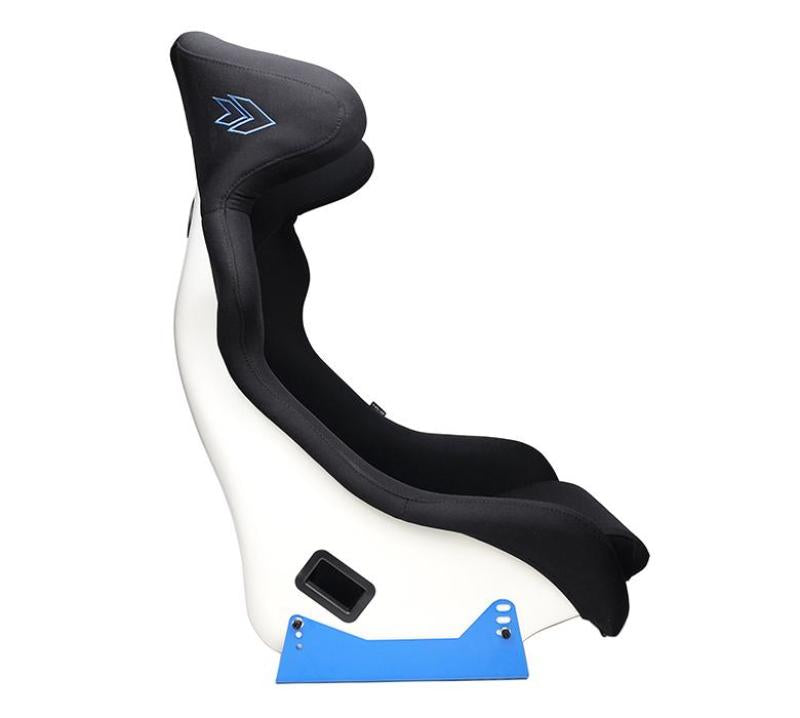 White NRG FRP bucket race seat with arrow embroidery and blue side mount brackets, designed for racing vehicles.