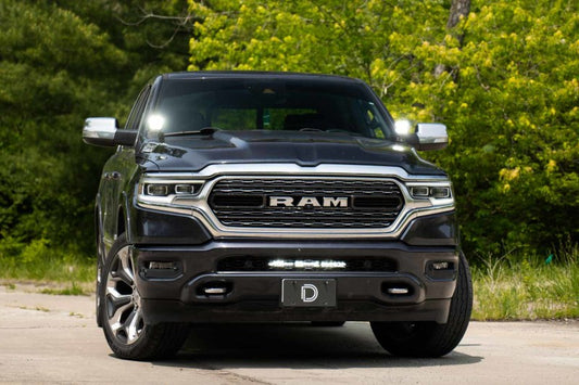 Diode Dynamics SS18 Stealth Bracket Kit for 2019-present Ram, light mounts with sleek black brackets for vehicle installation.