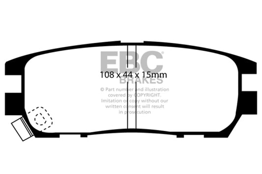 EBC Ultimax2 rear brake pads for Mitsubishi Montero 3.0 1992-1997, OE type, visible black brake pad with metal backing plate