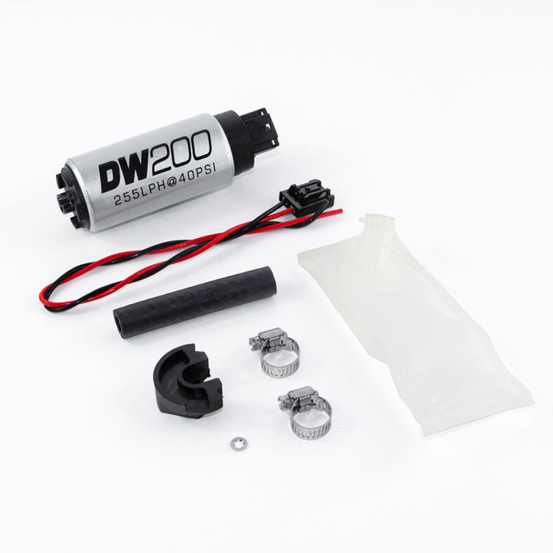 DeatschWerks 94+ Nissan 240sx/Silvia S14/S15 255 LPH in-tank fuel pump with install kit, showing the pump and mounting components.