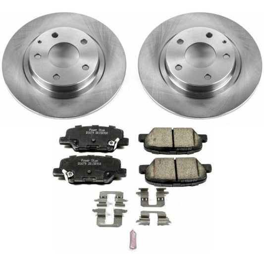 PowerStop rear Autospecialty brake kit for Mazda 6 2014-2015, including brake pads and rotors, installed on vehicle rear axle.