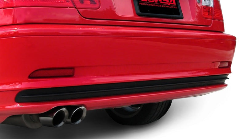 Black Corsa Performance axle-back exhaust for BMW E46 2001-2006 325i/ci convertible, showcasing the sleek exhaust tips.