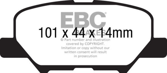 EBC 14+ Mazda 3 2.0 rear Redstuff performance brake pads installed on the brake caliper of a Mazda vehicle.