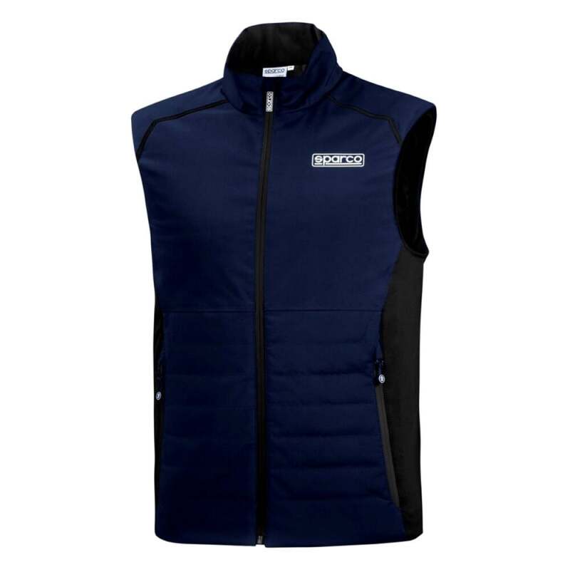 Navy and black Sparco textile vest jacket with large logo, front zipper, and padded collar, designed for racing or casual wear.