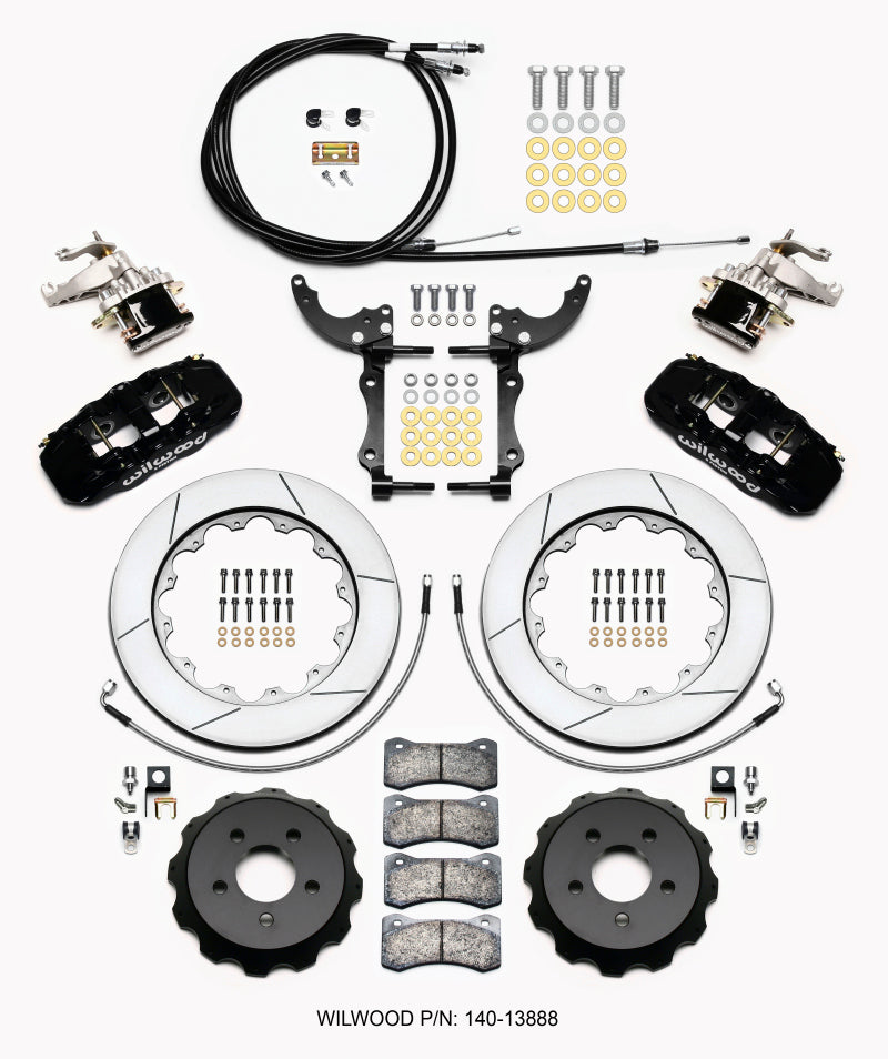 Wilwood Aero4 and MC4 rear big brake kit with lines and cables installed on a 2015-2023 Mustang, showcasing high-performance brake components.