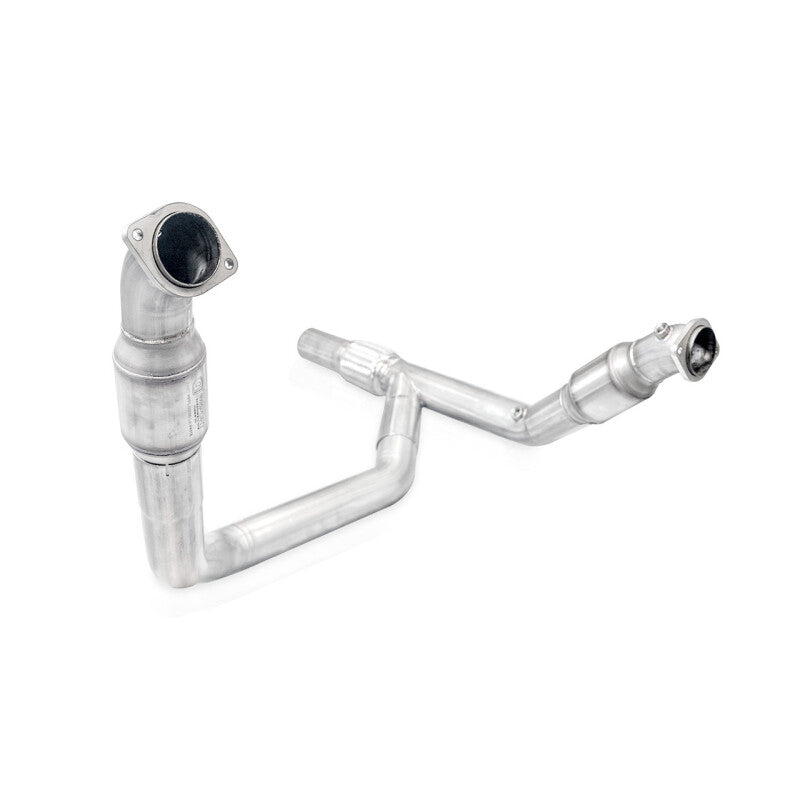 Stainless Works stainless steel downpipe for 2021+ Ford Bronco with standard catalytic converter, showing polished metal and flange connection.