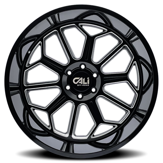 Cali Off-Road Auburn 20x9 cast wheel with gloss black finish and milled accents, 6x139.7 bolt pattern, -12mm offset, 106mm hub