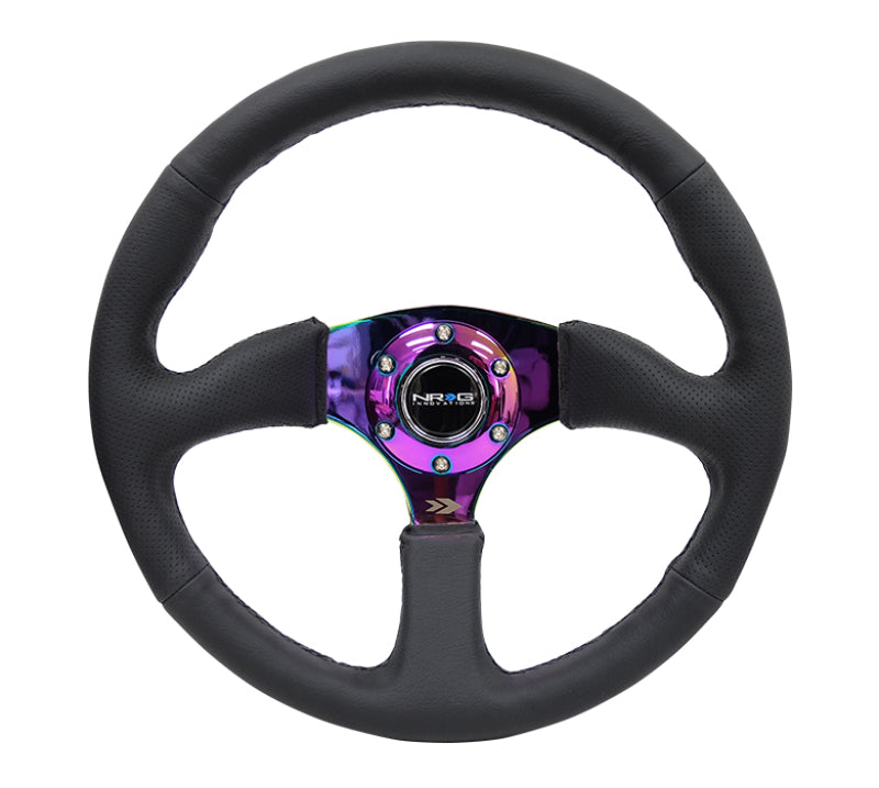 NRG reinforced 350mm leather race steering wheel with 4mm neochrome spokes and deep grip for racing comfort.