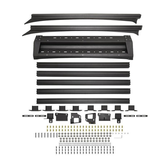 Westin 16-23 Toyota Tacoma Mesa Roof Rack installed on truck bed with mounted accessories and crossbars for cargo transport.