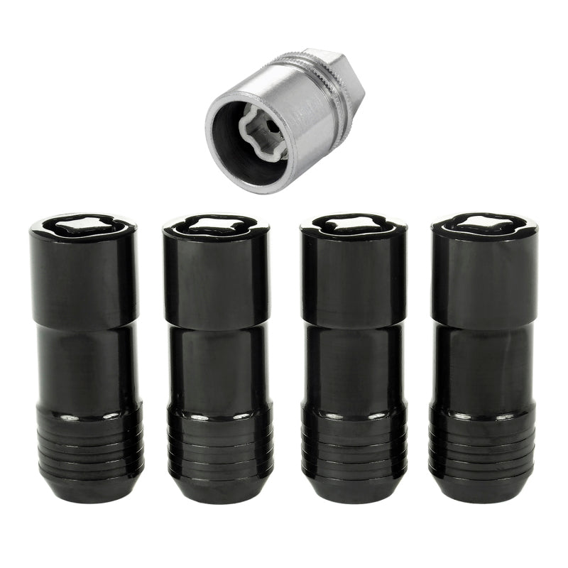 Black McGard wheel lock nut set with four cone seat lug nuts, M14x2.0 thread, 13/16-inch hex, 2.25-inch length for secure vehicle wheels.