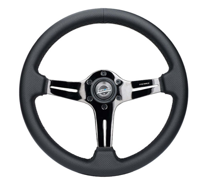 NRG lightweight gaming steering wheel with black chrome silver spokes and perforated leather, shown with quick release adapter.