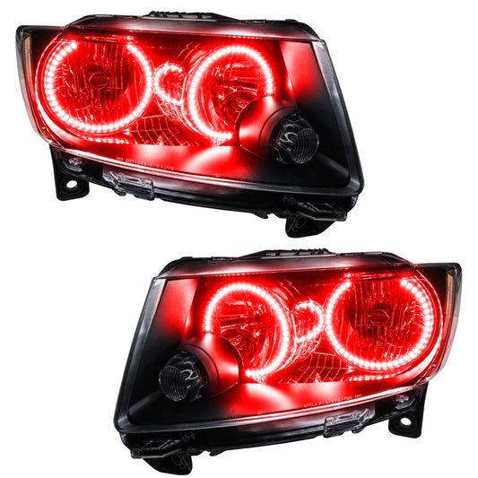 Oracle Lighting Jeep Grand Cherokee halo headlights in chrome with red accents, pre-assembled non-HID headlight units for models 11-13.