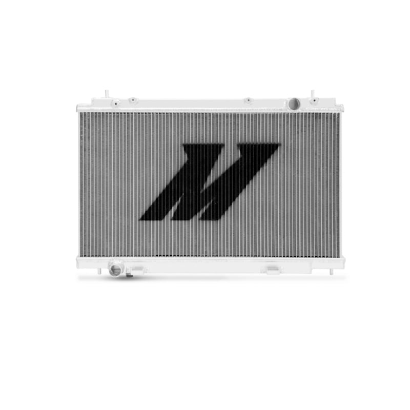 Mishimoto aluminum radiator for 2007-2009 Nissan 350Z, manual transmission, with sleek silver fins and mounting brackets visible.