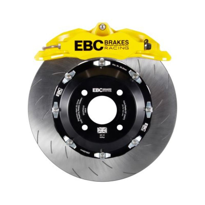 EBC Racing yellow Apollo-4 front brake calipers and 330mm rotors for Ford Fiesta ST Mk7 big brake kit, showing the high-performance brake setup.