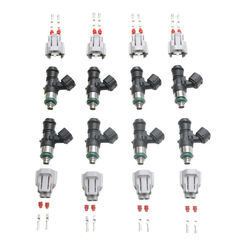 DeatschWerks 8-cylinder fuel injector set with eight 2200cc/min injectors for Fitech Go EFI 8, Holley Sniper 1250, and Sniper Xflow.