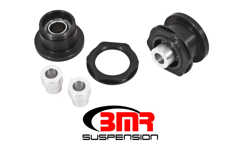 BMR Suspension black anodized SN95 Mustang 8.8in differential bearing kit with spherical bushings for improved performance.