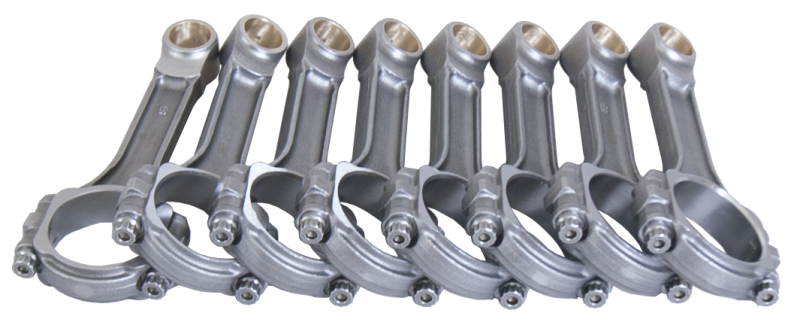Eagle Chevrolet small block I-beam connecting rods set of 8, 6.250-inch length with 3/8-inch ARP 8740 bolts, for 8-cylinder engines.