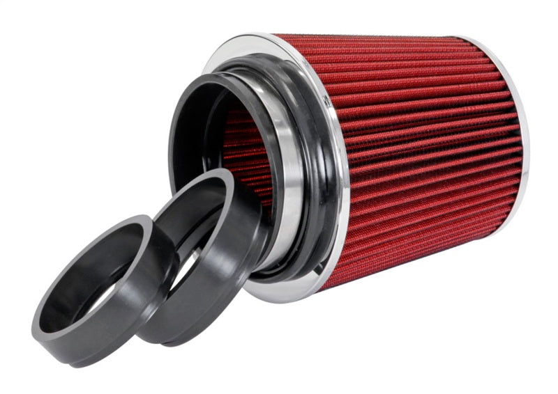 Spectre adjustable conical air filter in red, 5-1/2 inches tall, fits 3 to 4-inch tubes, universal fit for vehicle air intake systems.