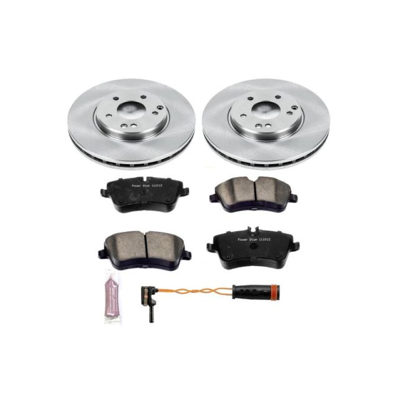 PowerStop OE brake kit installed on the front of a Mercedes-Benz SLK280, showcasing brake pads and rotors.