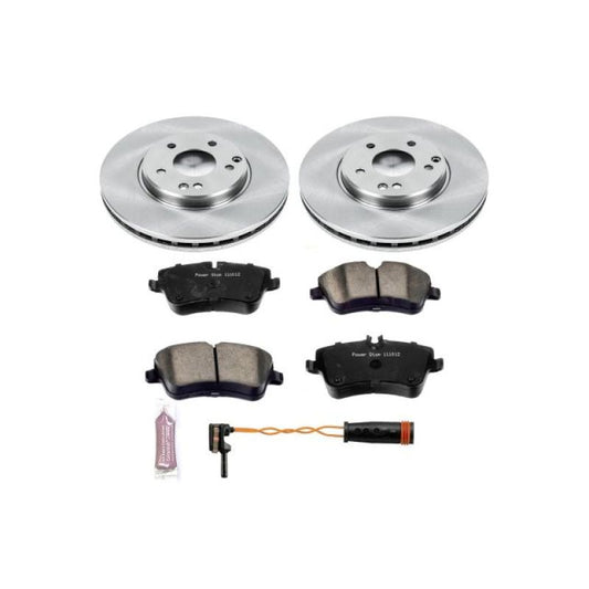 PowerStop OE brake kit installed on the front of a Mercedes-Benz SLK280, showcasing brake pads and rotors.