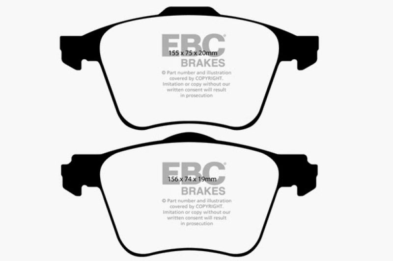 EBC Ultimax2 front brake pads for Volvo XC90 2003-2009 twin turbo, OE style, shown in black with metal backing plates.