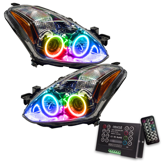 Oracle Lighting Nissan Altima Coupe SMD Headlights with ColorSHIFT 2.0 Controller showing vibrant LED lighting and headlight detail.