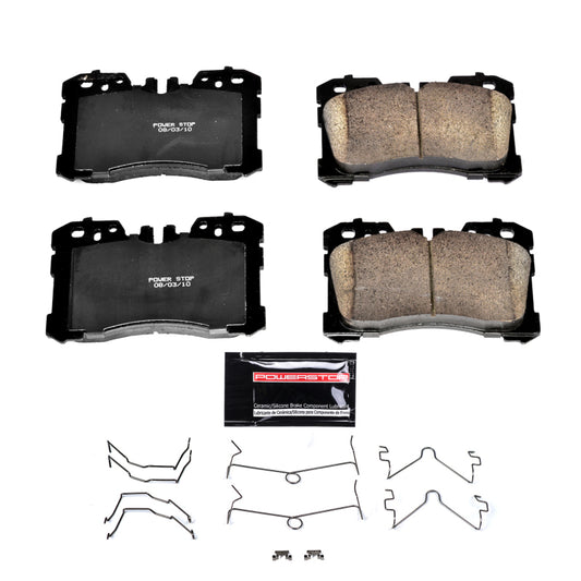 PowerStop Z23 Evolution Sport brake pads for Lexus LS460 front, showing new performance brake pads with hardware installed.