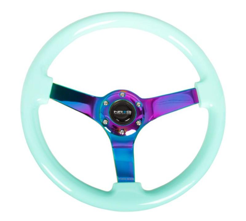 NRG reinforced 350mm steering wheel with minty fresh wood grain and neochrome 3-spoke center for racing or car customization.