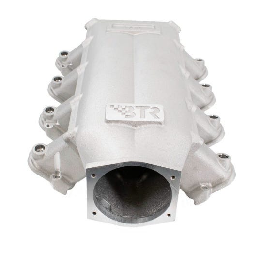 BTR Trinity intake manifold for cathedral port engines, natural finish, racing engine accessory, high-performance automotive part