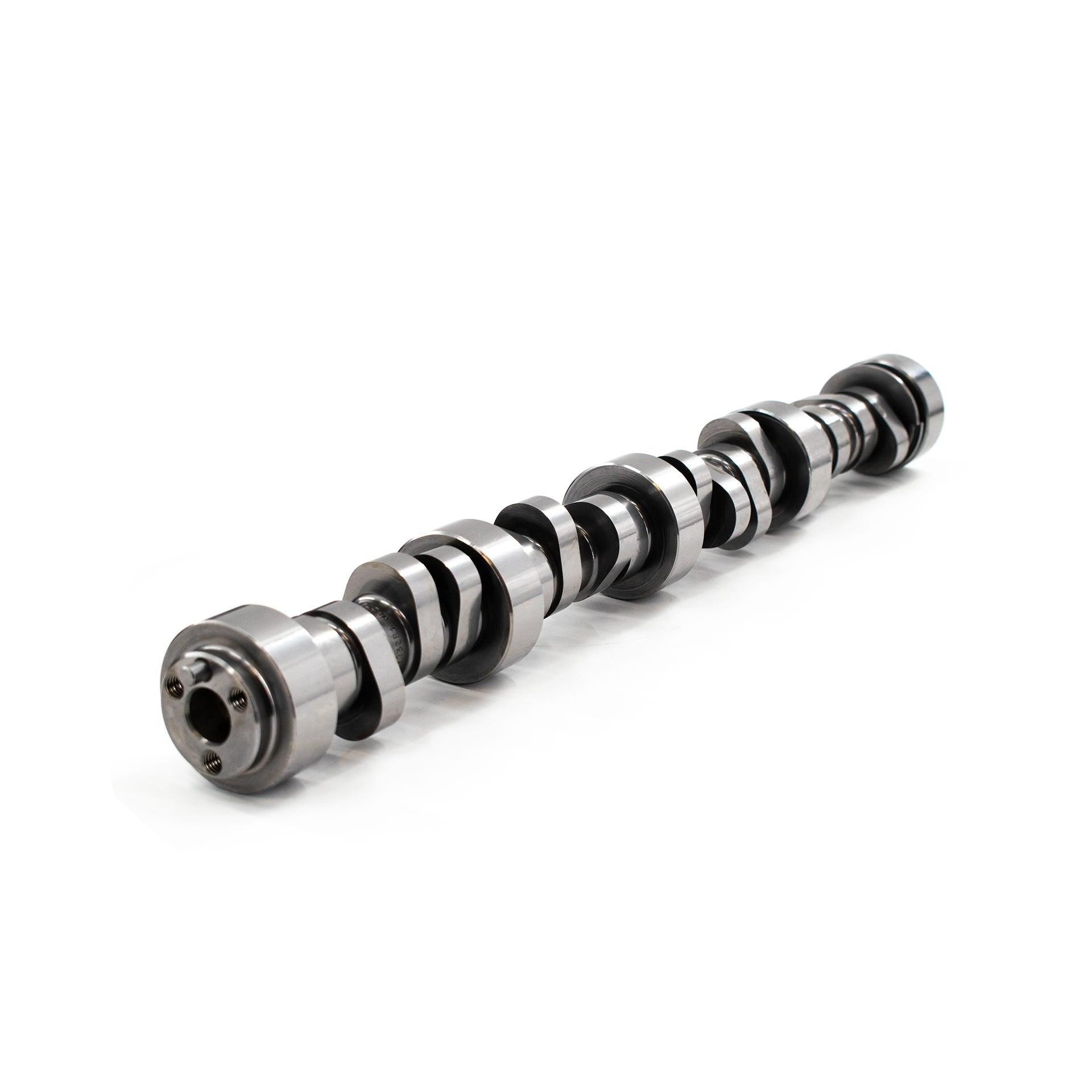 BTR LS Stage 3 Turbo Camshaft V2 for LSx engines, showing the camshaft's angled back view with detailed lobes and branding.