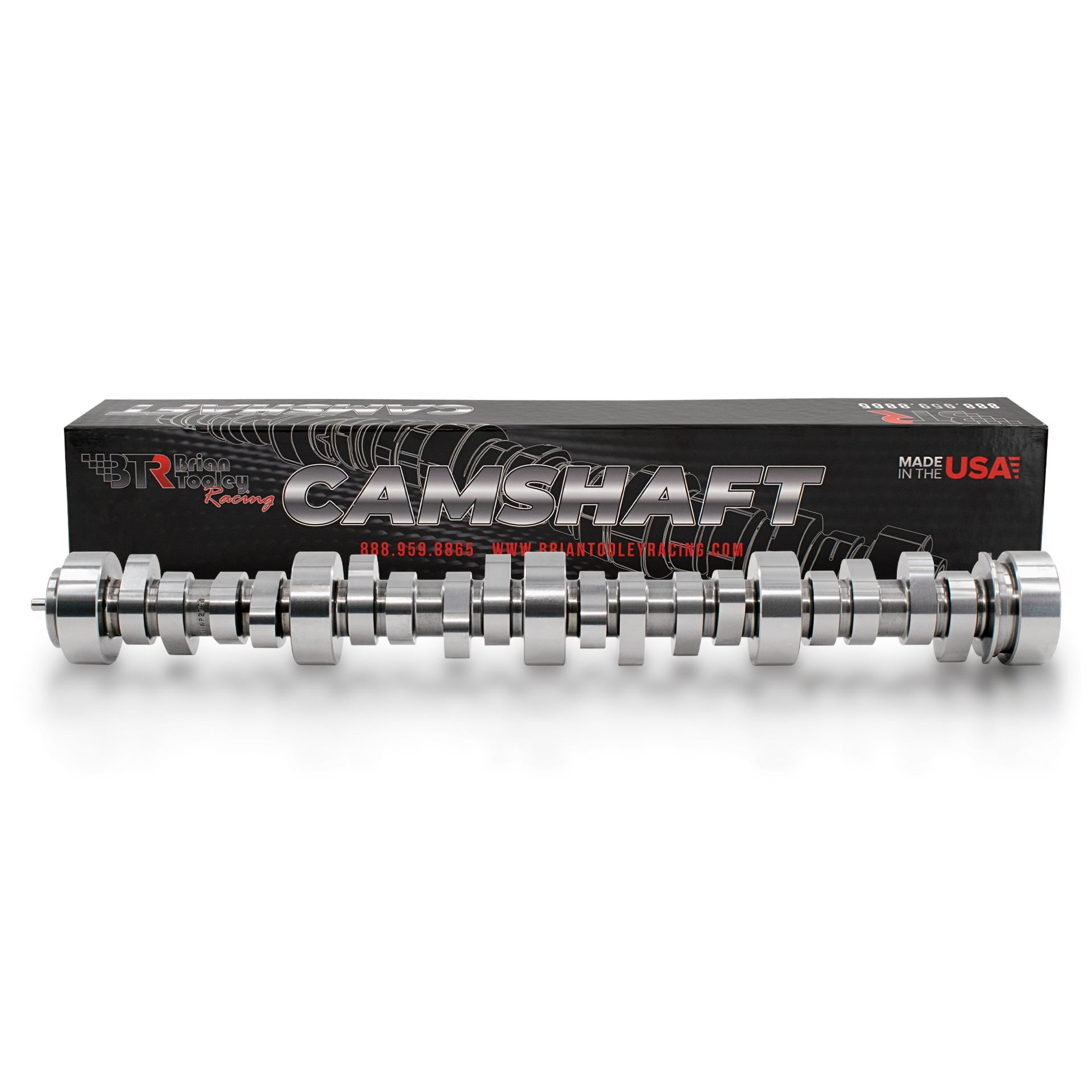 BTR LS Stage 3 Turbo Camshaft V2 for LSx engines, featuring detailed metal components and branding visible on the camshaft.