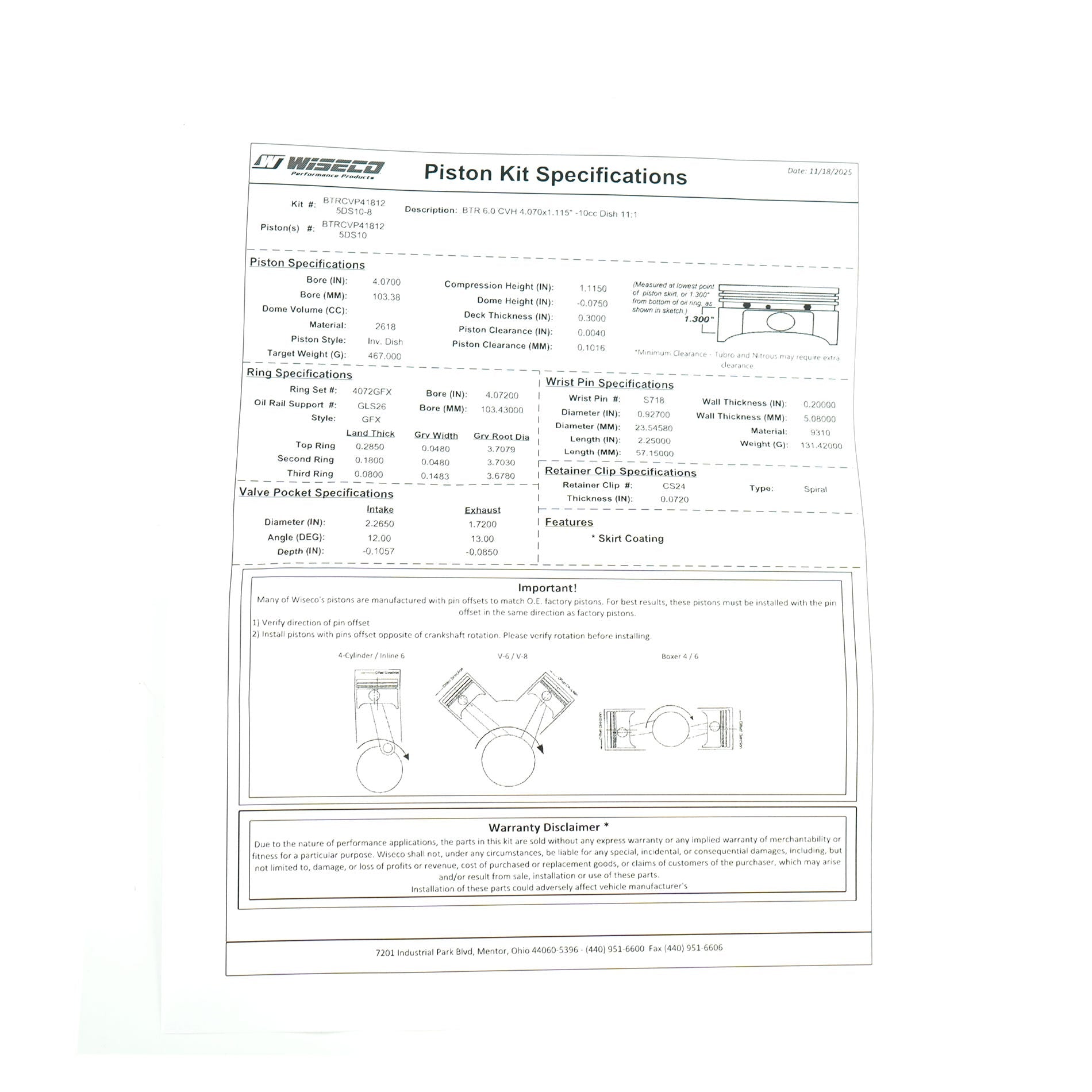 BTR / WISECO PISTON SET - LS BTR CV HEAD - 4.070" BORE - 4.000" STROKE - 10CC DISH - BTRCVP418125DS10-8