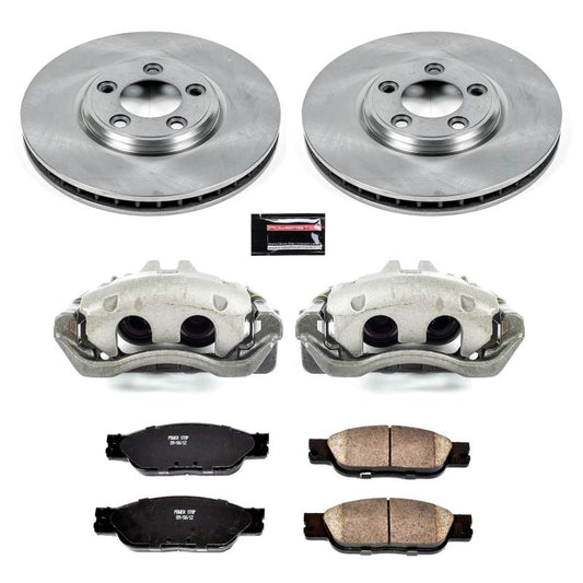 PowerStop OE front brake kit for Jaguar S-Type 2003-2004 with calipers, new brake rotors, and pads for improved stopping power.