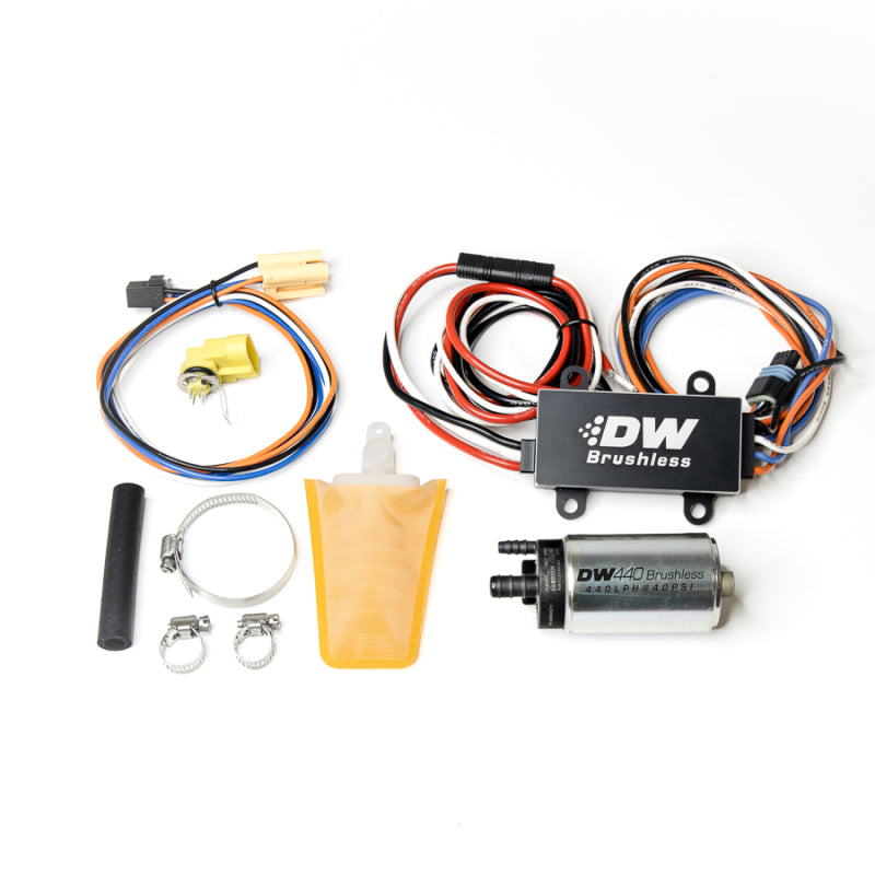 DeatschWerks 440lph fuel pump for Nissan 240SX 94-98, in-tank brushless design with installation kit and controller, close-up view