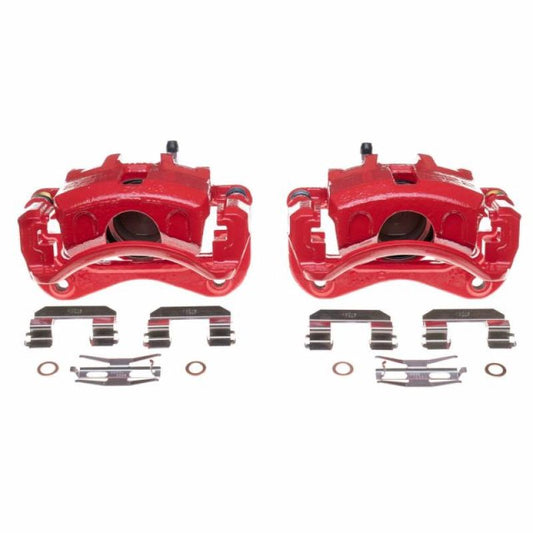 Pair of PowerStop red front brake calipers for 2003-2005 Hyundai Elantra, performance brake calipers with detailed design
