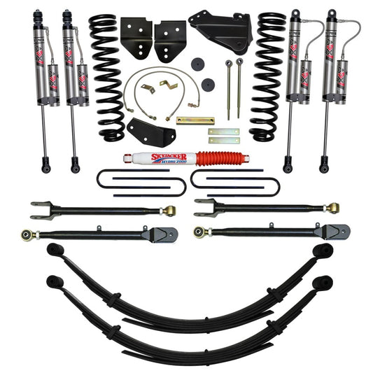 Skyjacker 8.5-inch lift kit for F250 4WD gas trucks, featuring suspension components and lift spacers for enhanced height.