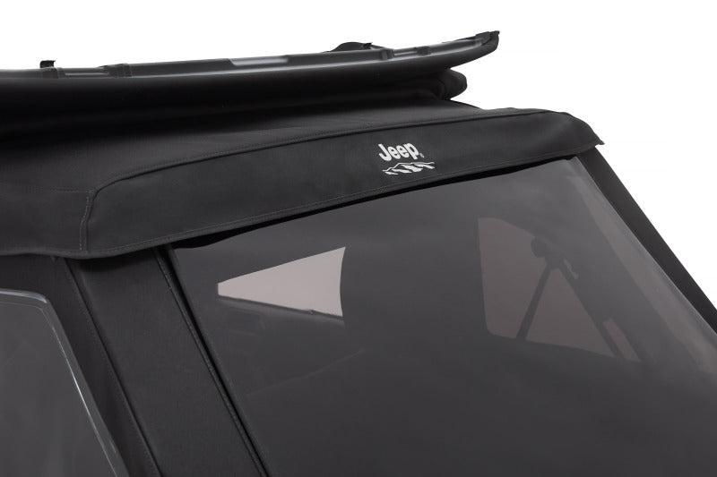 Bestop Jeep Trektop Glide soft top for 2007-2018 Jeep Wrangler JK 2-door in premium black twill fabric, shown installed on vehicle.