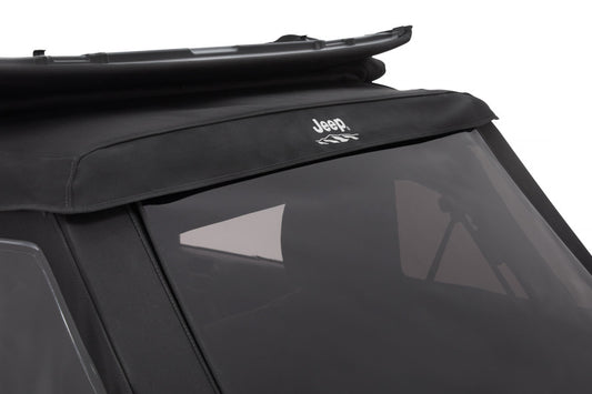 Bestop Jeep Trektop Glide soft top for 2007-2018 Jeep Wrangler JK 2-door in premium black twill fabric, shown installed on vehicle.