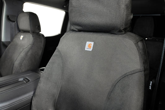 Covercraft Carhartt Super Dux front seat cover for Dodge RAM 1500 2017-2024 in gravel, durable custom seat protection.